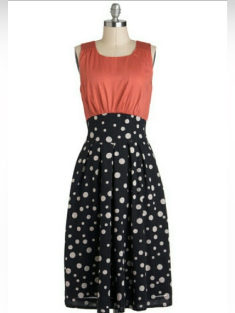 EUC Modcloth Coral Pink Emily & Fin Sleeveless Dress Navy White Polka Dot Retro